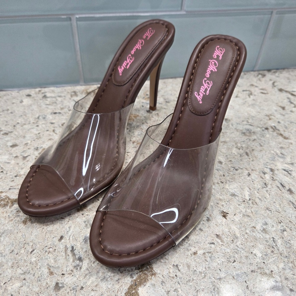 The Shoe Fairy Clear Strap Brown Heel‎ Mules Women Size 10